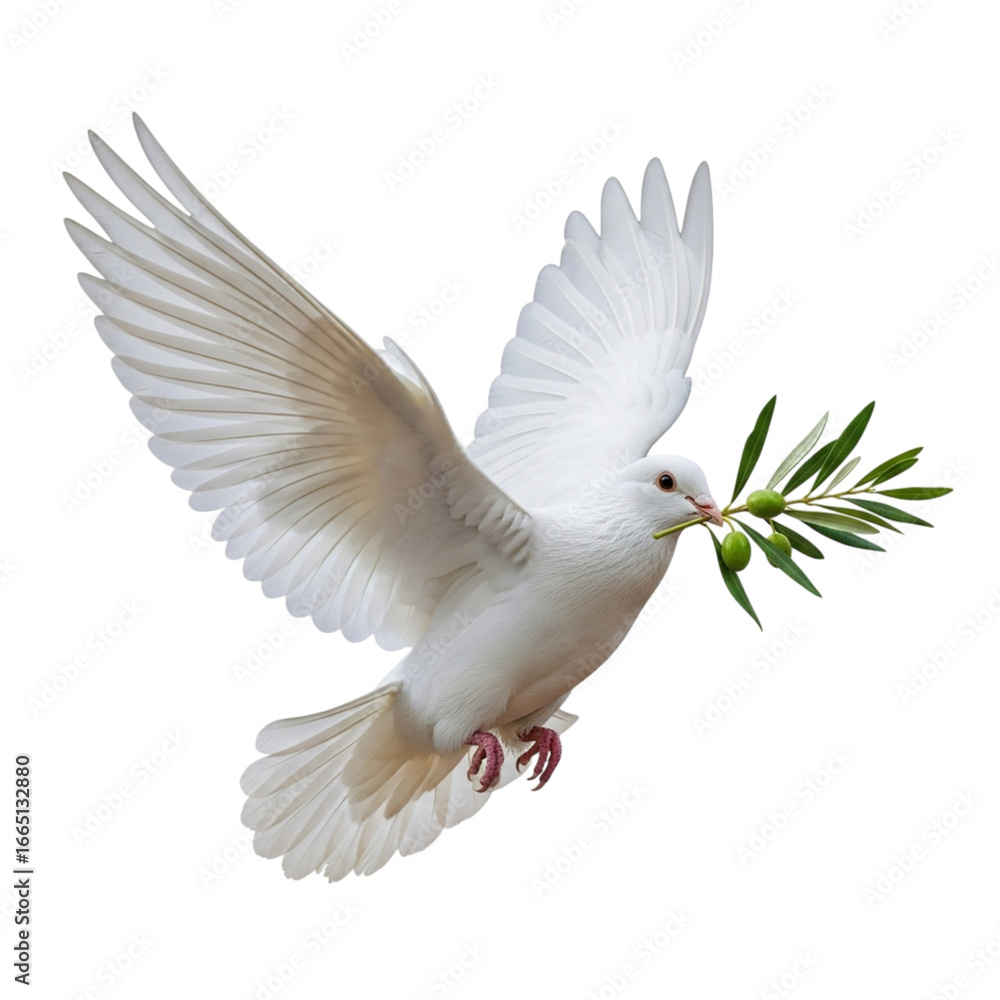 Fototapeta premium White dove with olive branch flying isolated on transparent background