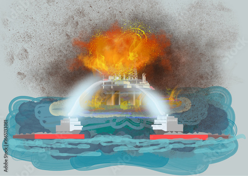Planta de petroleo en el mar incendiando dos buques contra incendio