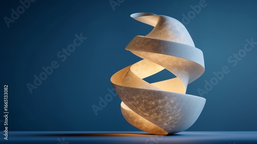 Elegant sculptural object with spiral texture modern abstract art glowing light smooth white surface creative design contemporary style blue background sophisticated mood