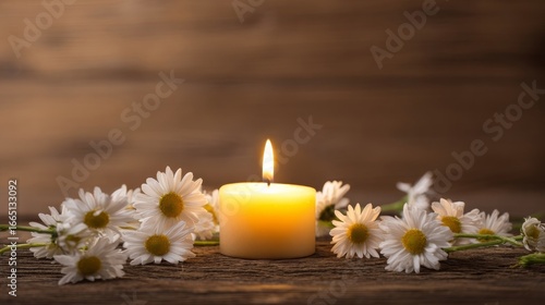 A lit candle surrounded by white daisies sits on a wooden surface with soft warm light creating a peaceful and serene at