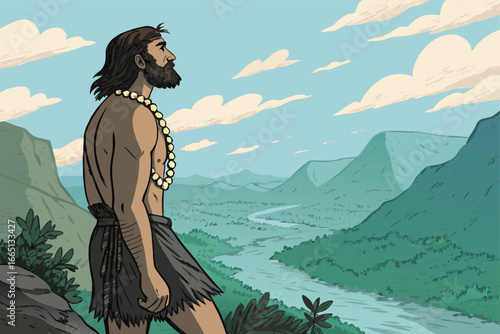 Caveman on cliff with bone necklace.