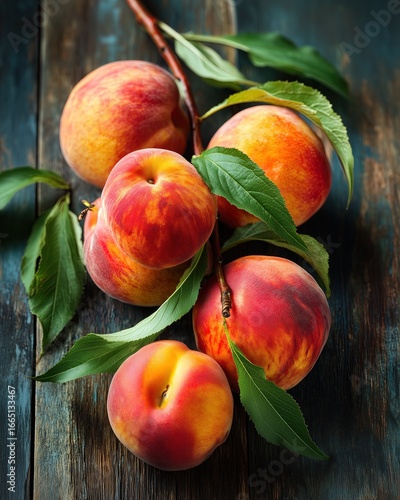 Fresh juicy peaches with leaves on rustic wooden surface