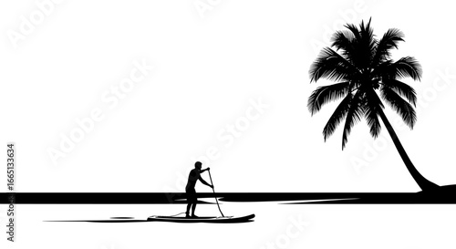 Silhouette of person paddleboarding near a palm tree against a white expanse of space outdoors