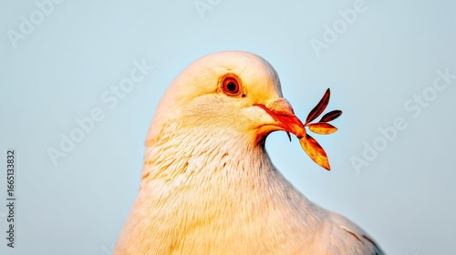 A white dove holding a leaf in its beak, symbolizing peace and harmony,