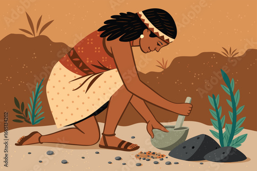 Cavewoman grinding seeds with stone tools, flat illustration.