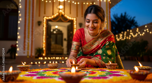Diwali Celebration: Woman Lighting Diyas on Rangoli