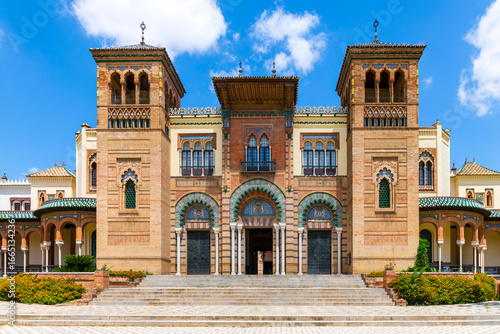 facade of mudejar pavilion, museum of arts and popular customs in sevilla, spain