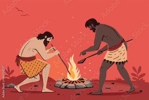 Cavemen cooking meat over a fire pit, flat, bold colors.