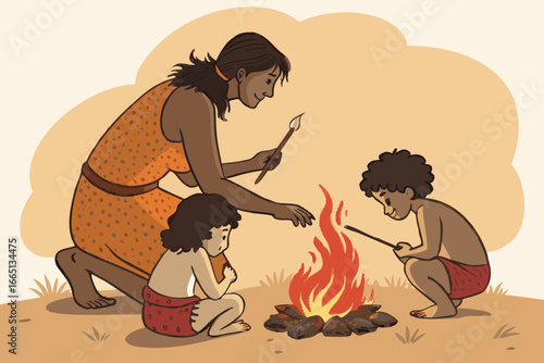 Cavewoman teaching children fire-making.