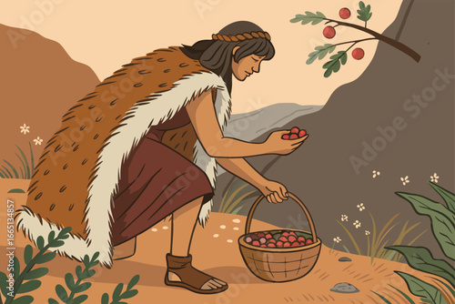 Cavewoman in fur cloak gathers berries.