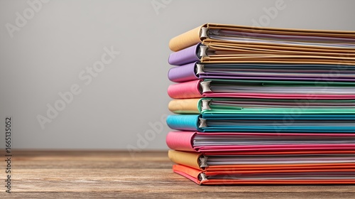 Stack of colorful folders on wooden desk symbolizing organization and office work