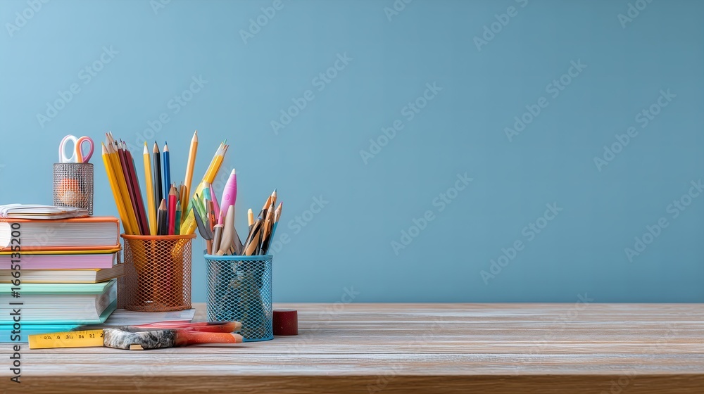 Obraz premium Colorful arranged school supplies on wooden desk with blue background