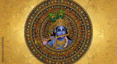 Divine Krishna plays enchanting melody on flute, surrounded by intricate golden mandala art, evoking peace and spiritual harmony for cultural celebration