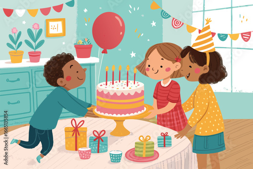 Children joyfully celebrating a birthday around a decorated cake.