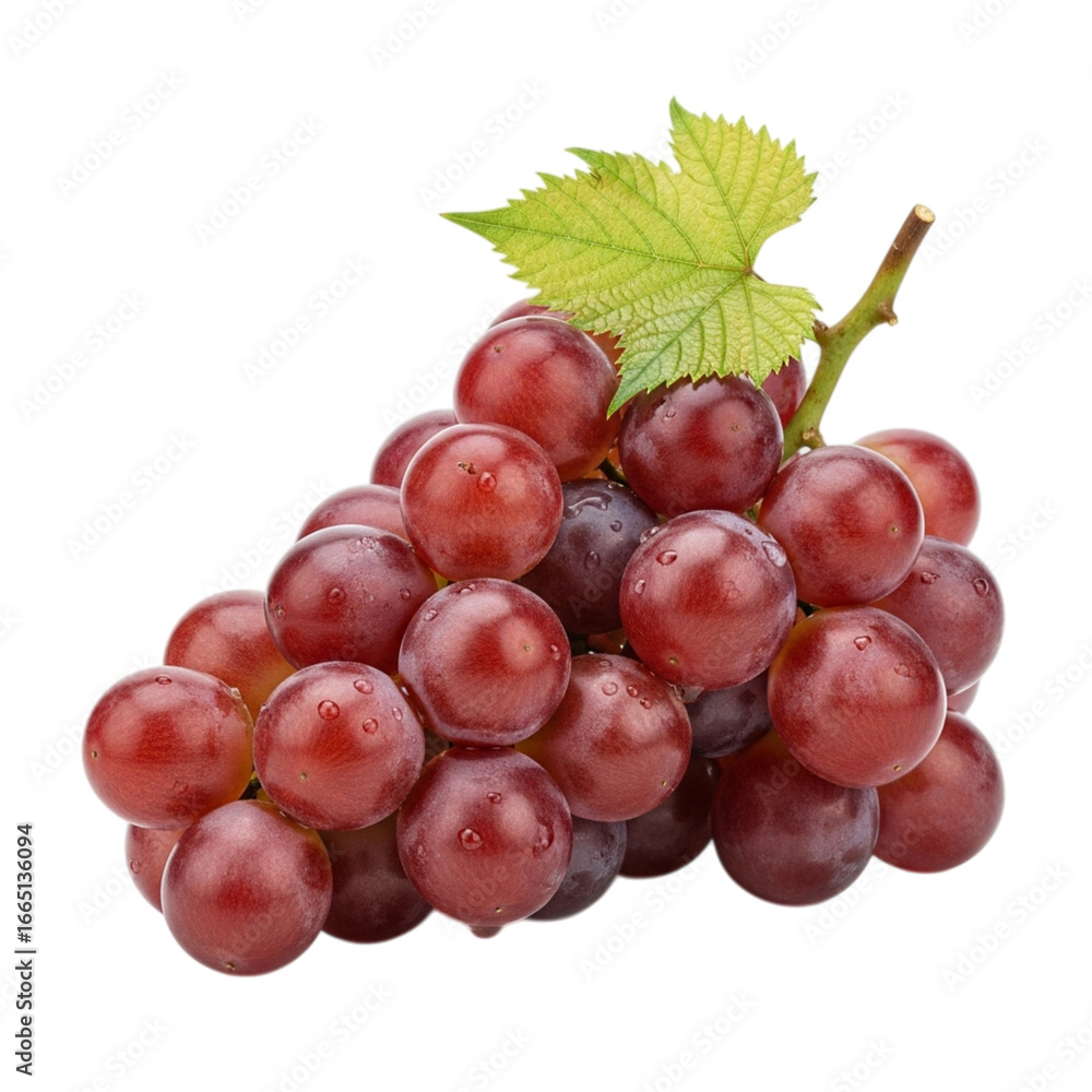 Fototapeta premium Fresh red grapes with leaf isolated on transparent background