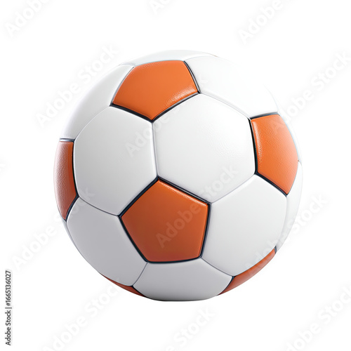 3D soccer ball with white and orange panels on a black background