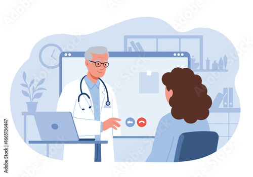 Telemedicine session in a room with shelves and clock, doctor helps patient