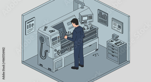 Worker operates lathe, workshop interior, safety posters, for use in factory training
