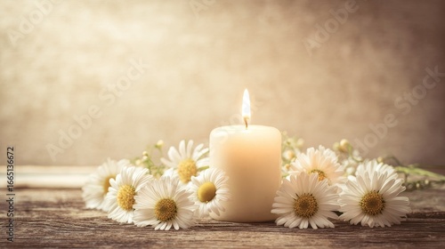 A single lit candle surrounded by daisies on a rustic wooden surface, creating a peaceful and serene ambiance,
