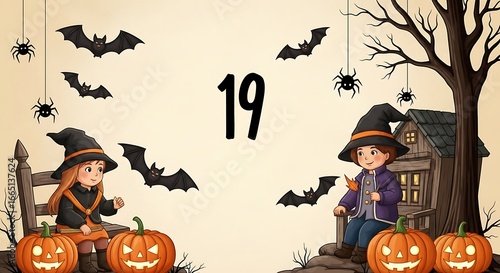 Whimsical Halloween Scene with Children, Bats, and Pumpkins
