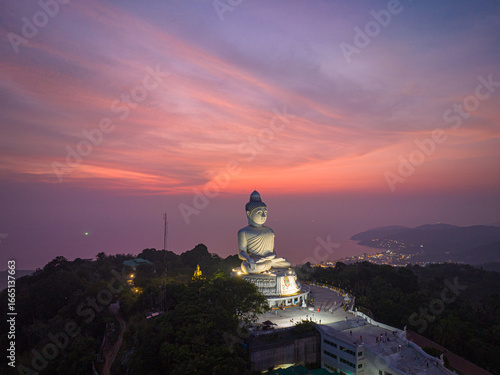 Cuadro en lienzo aerial view Phuket big Buddha in beautiful sunset