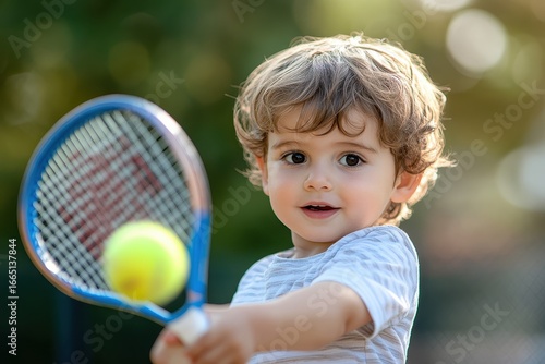 Young boy enthusiastically swinging a tennis racquet at a bright yellow tennis ball