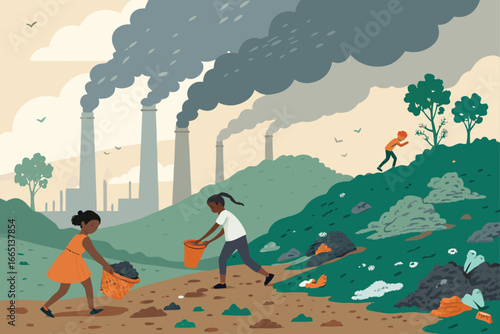 Children play by a landfill, toxic smoke billows.