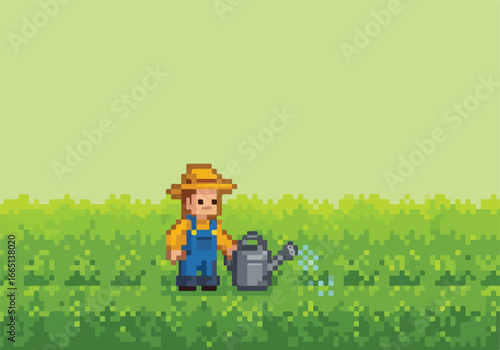 Pixel art Farmer Watering Plants on Green Field. Vector Illustration use Games