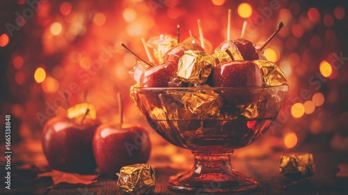 Gold-wrapped chocolate bears in warm red and yellow tones,