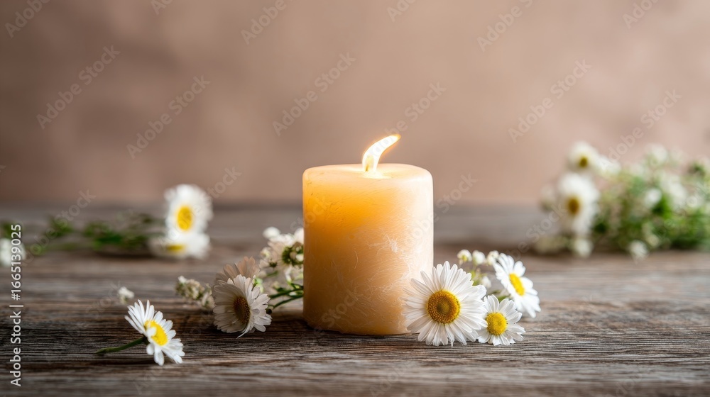 A lit candle surrounded by white daisies and green foliage on a brown wooden surface, A lit candle surrounded by white daisies and green foliage on a brown wooden surface,