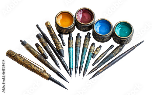 Arranged Set of Arabic Calligraphy Tools Isolated On Transparent Background.