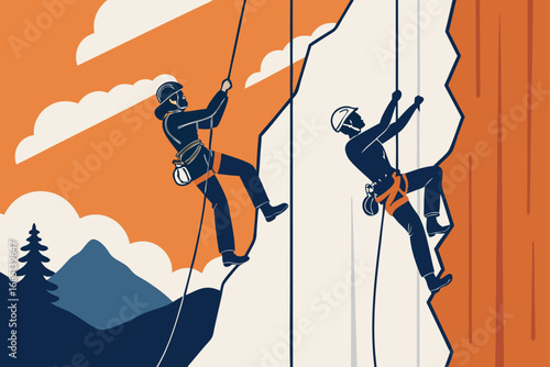 Climbers ascend a sheer rock face with safety ropes and gear.