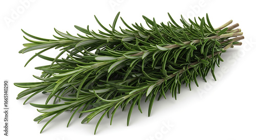 A bundle of fresh rosemary sprigs with needle like leaves isolated on a white background surface