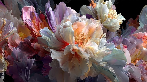 Vibrant abstract floral composition with soft petals and rich colors against a dark background