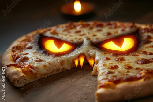 A creative pizza with melted cheese forming a monstro. Inventive flatbread creation liquid dairy product becoming a bizarre aberration culinary oddity comical foodstuff fantastical