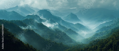 Misty mountain range panorama, aerial view, lush forests, serene landscape, nature background