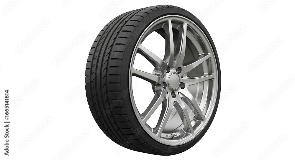 Obraz premium Close up of a car tire with a silver rim against a plain white background in a studio setting
