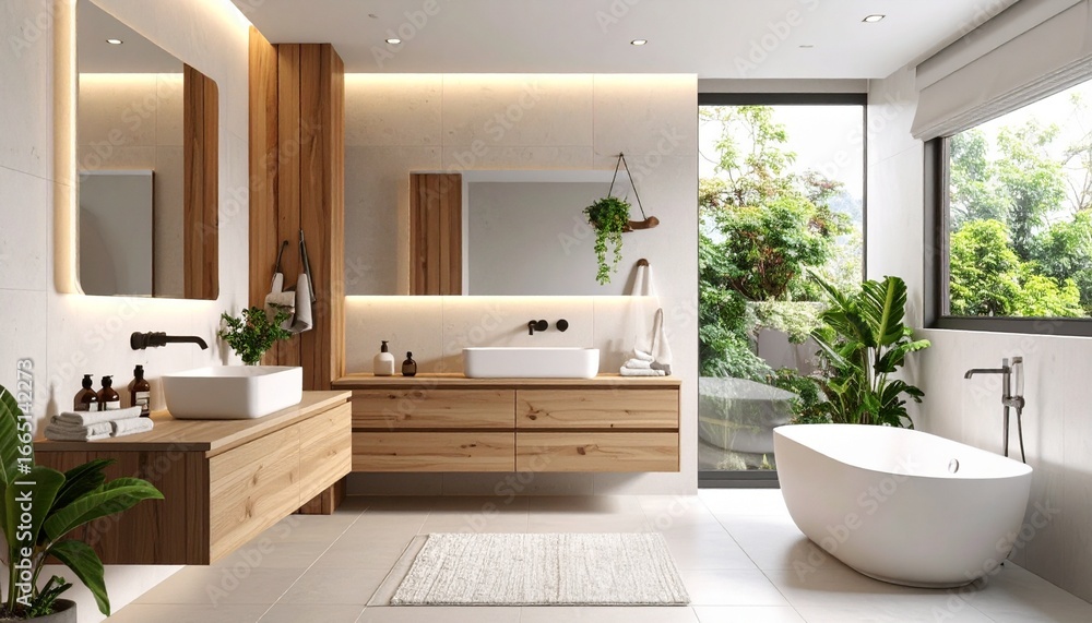 Fototapeta premium Minimalist Bathroom with Wooden Accents and Soft Lighting