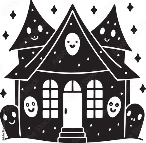 Spooky black and white haunted house with ghosts and stars
