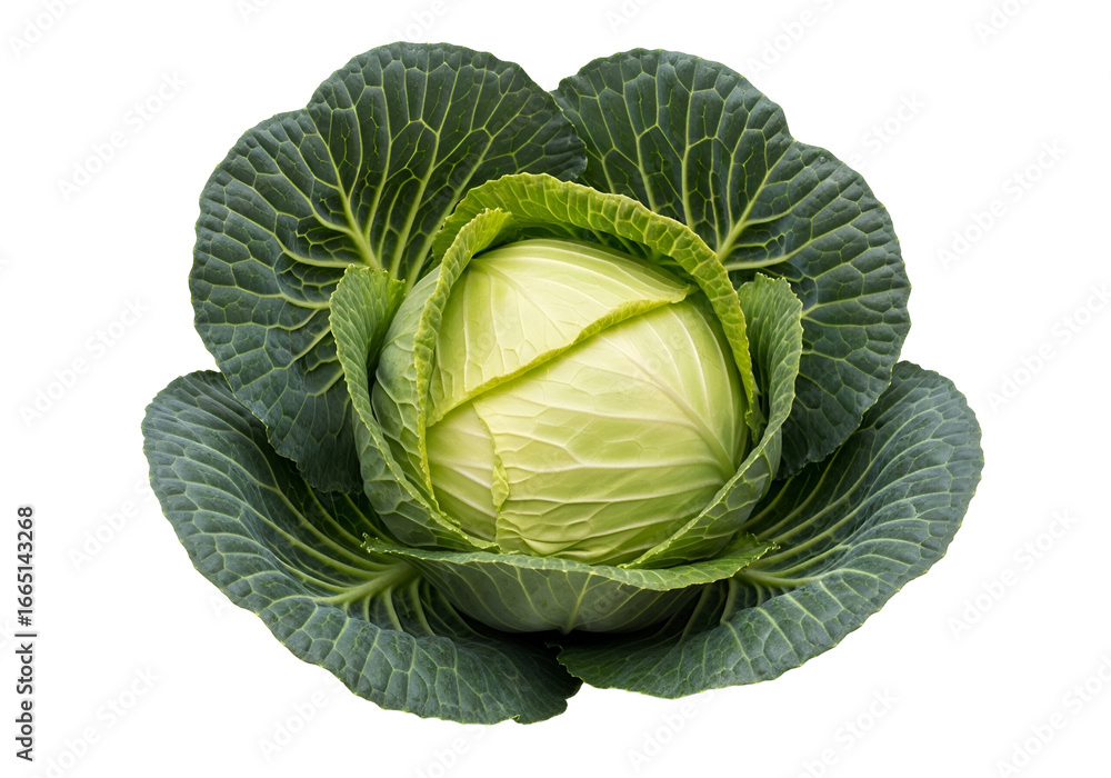 Fototapeta premium Close-up view of a fresh head of cabbage, showcasing its vibrant green leaves surrounding a pale yellow-white head.
