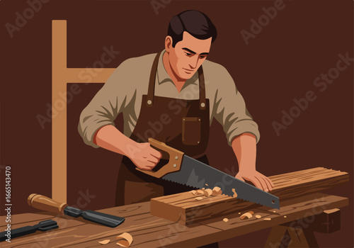Woodworker cutting lumber using handsaw at workbench with brown background for DIY project