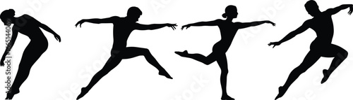 Silhouette dancers in dynamic poses performing energetic dance moves, graceful leaps, and expressive choreography on white background for artistic and creative design