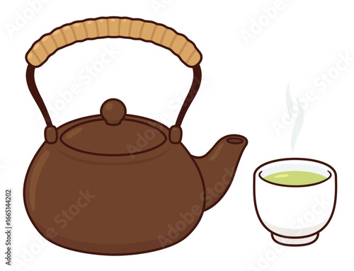 Japanese green tea, teapot and cup drawing. Simple cartoon vector illustration.