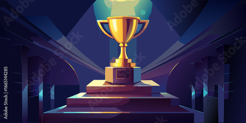 A 3D golden trophy cup on a blue background is an isolated icon of a champion's prize and victory
