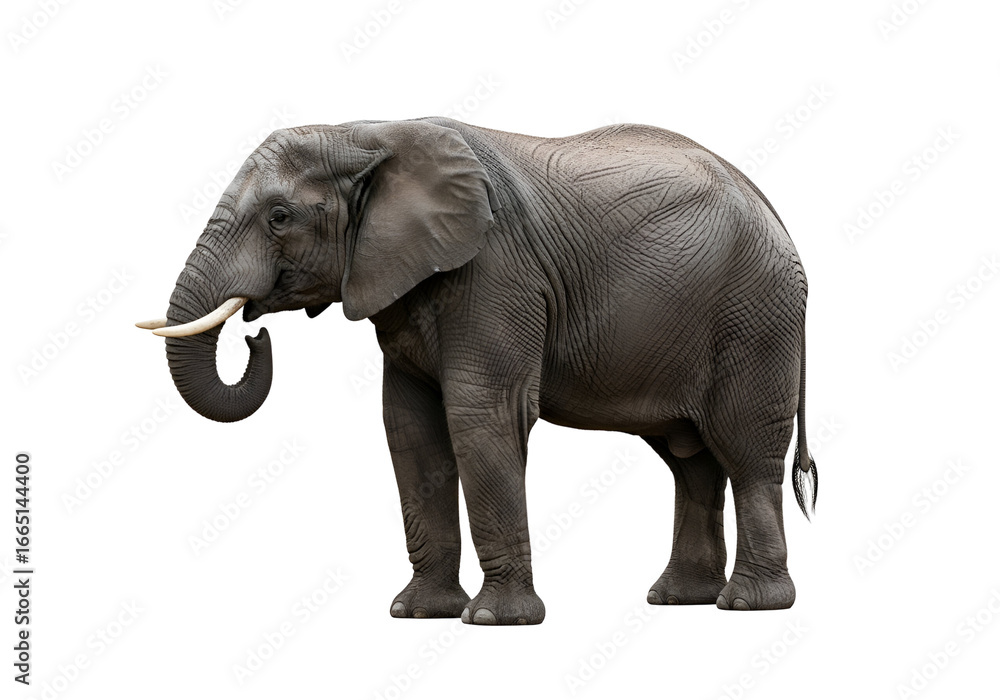 Fototapeta premium A full shot of an African elephant, presented against a stark black background, showcasing its detailed features and imposing presence.