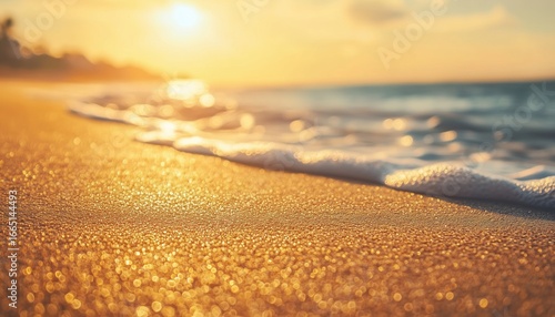Fototapeta Naklejka Na Ścianę i Meble -  Panoramic Sea Sand Beach: Inspiring Tropical Seascape With Calm Orange And Golden Sky For A Relaxing Summer Vacation
