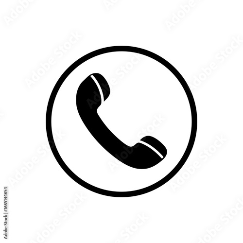 Clean silhouette of a ringing phone handset inside circle simple communication icon on white