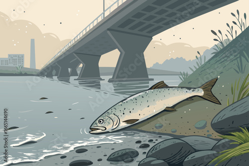Dead fish float beneath a polluted, decaying bridge.