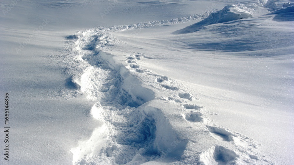 Footprints trail through deep, pristine snow on a bright, cold day Footprints trail through deep, pristine snow on a bright, cold day