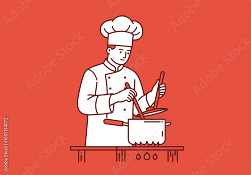 Chef cooks in a kitchen, stirring a pot. Food blog, recipe concept